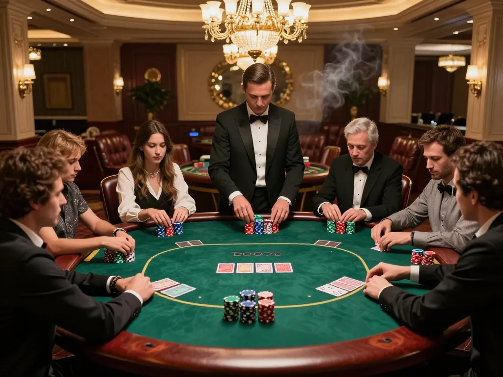 MM88 poker game in a luxury casino setting with focused players and vibrant chips