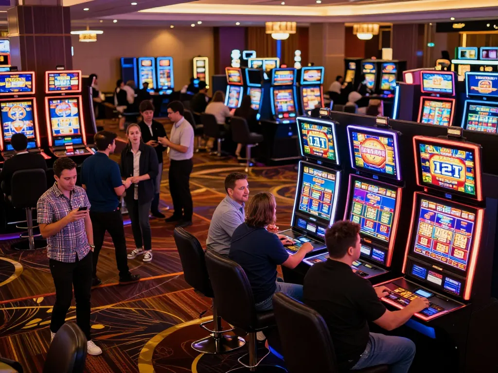 Players enjoying vibrant slot machines at vipwin com casino floor during peak hours