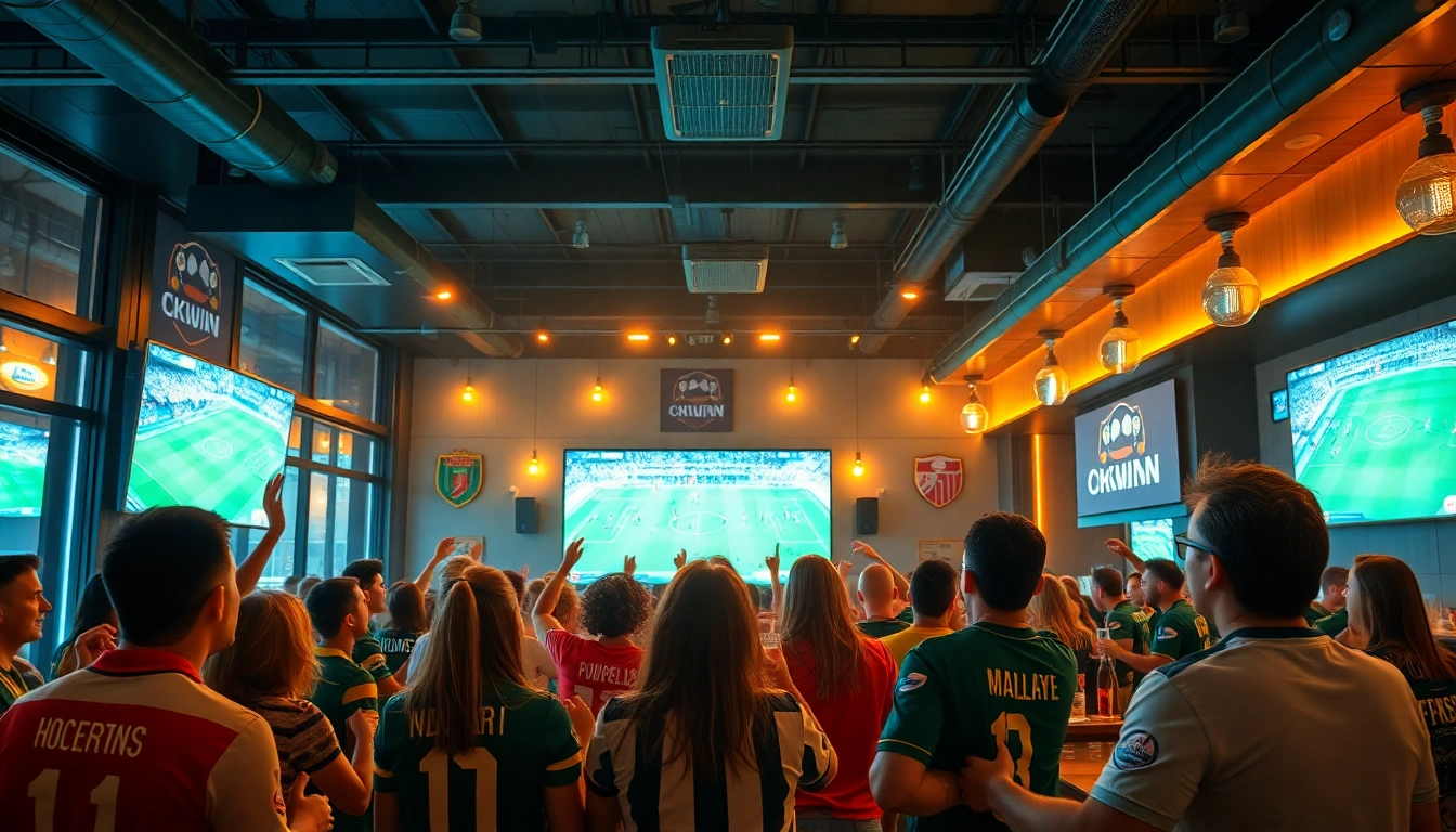 Excited fans enjoying live football on OKWINTV in a vibrant sports bar atmosphere.