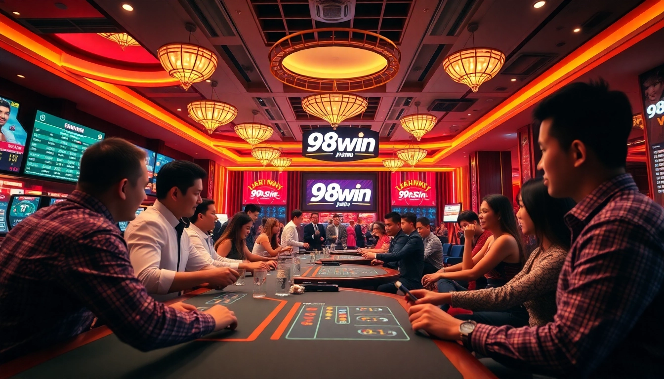 Dynamic scene of 98win trang chu with players enjoying thrilling casino games in a vibrant setting.