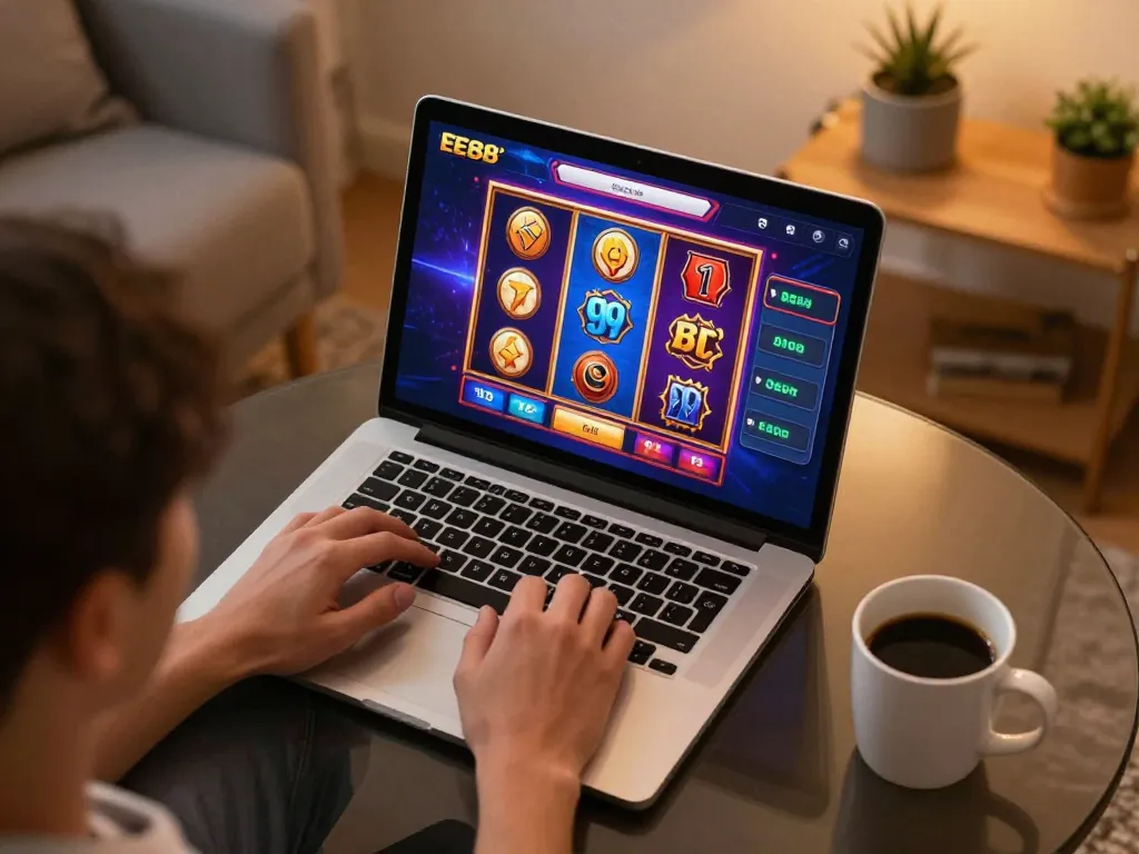 Player engaging with online casino games on https://ee888.sa.com/ in a cozy home setting.