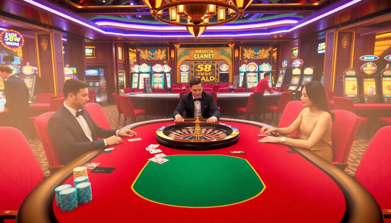 Players enjoying a high-stakes poker game at 58WIN casino with luxurious decor and vibrant atmosphere.