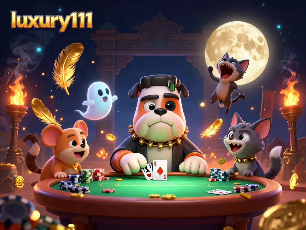 Experience thrilling gaming action at luxury111 with a 3D cartoon illustration featuring vibrant casino characters.