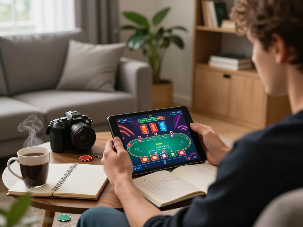 Player engaging in online poker at home with LV88 on tablet, showcasing strategic betting