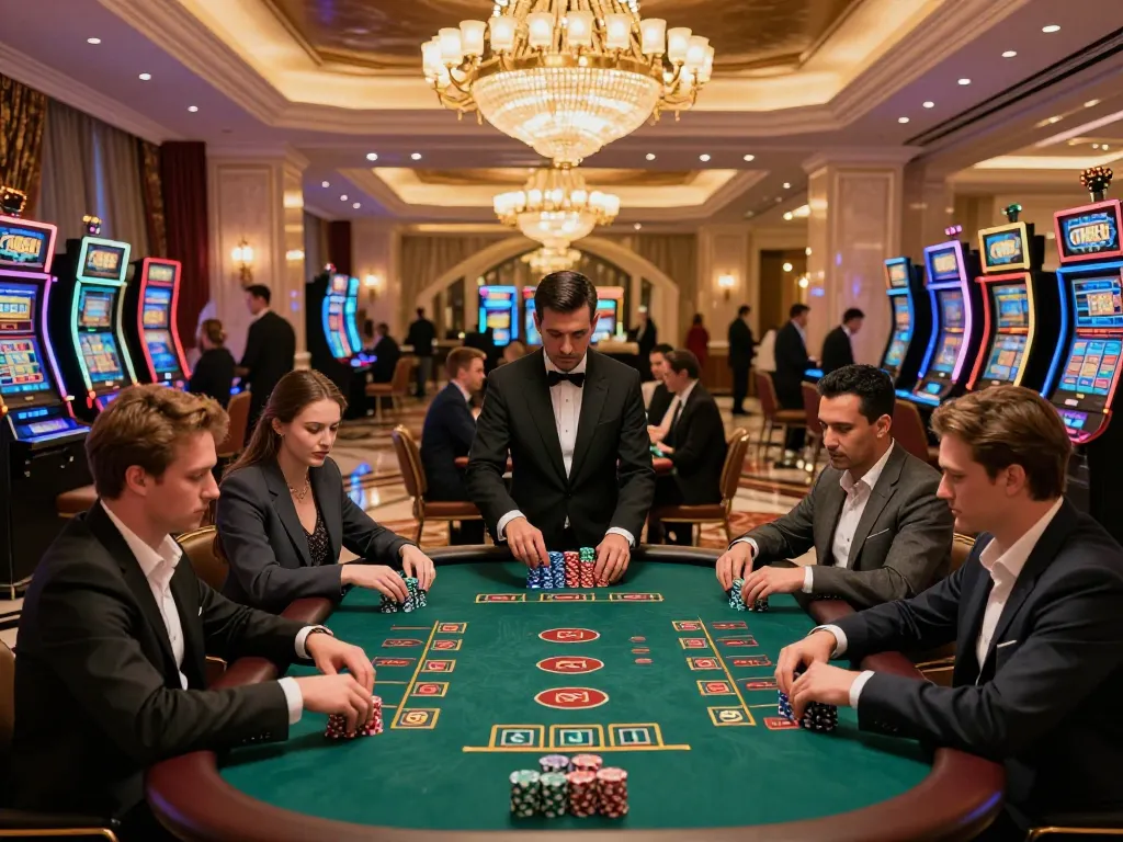 GEM88 players enjoying a high-stakes blackjack game in a luxurious casino atmosphere, engaging in strategic betting.
