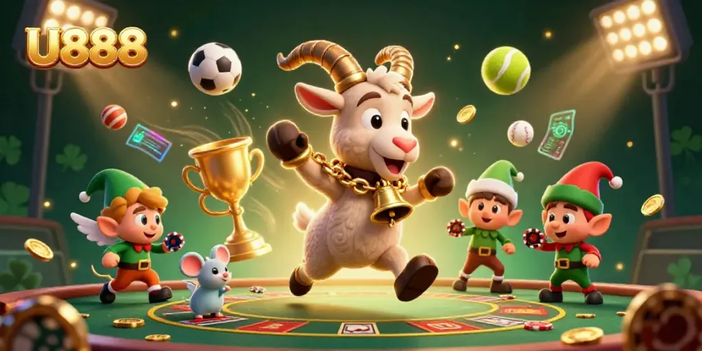 Experience the thrill of gambling with U888's festive casino scene featuring lively characters and dynamic elements.