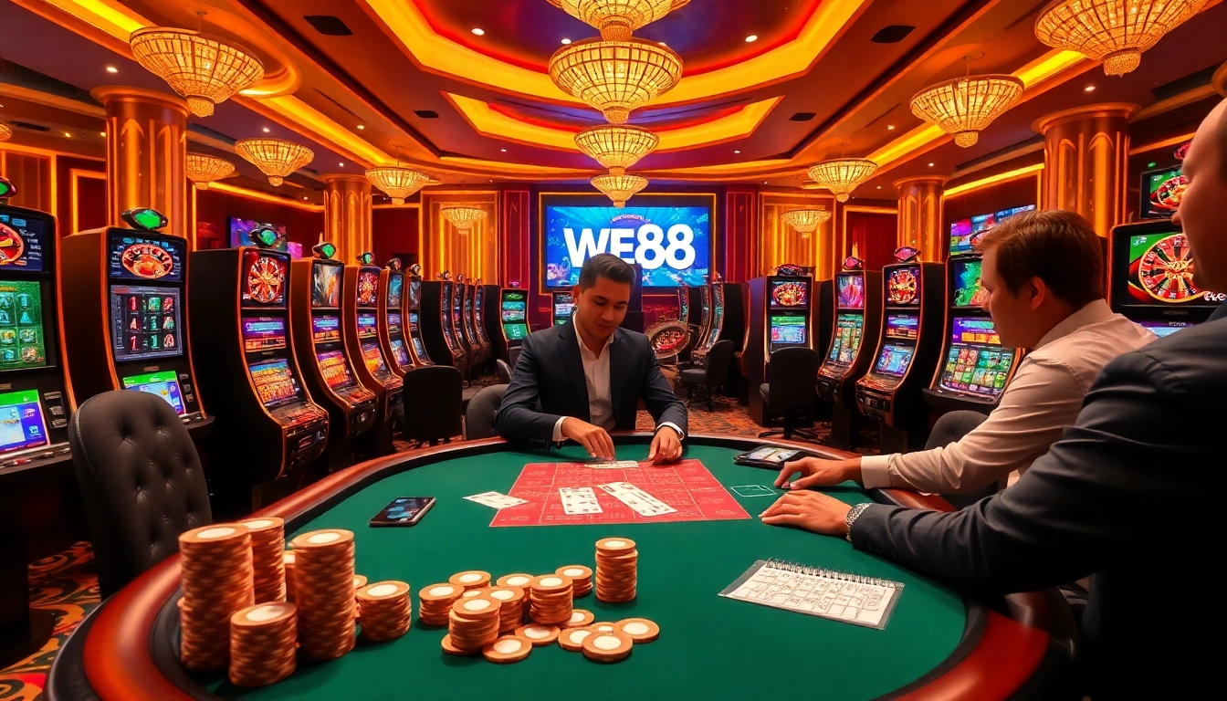 WE88 online casino featuring an engaging poker table with vibrant gaming elements.