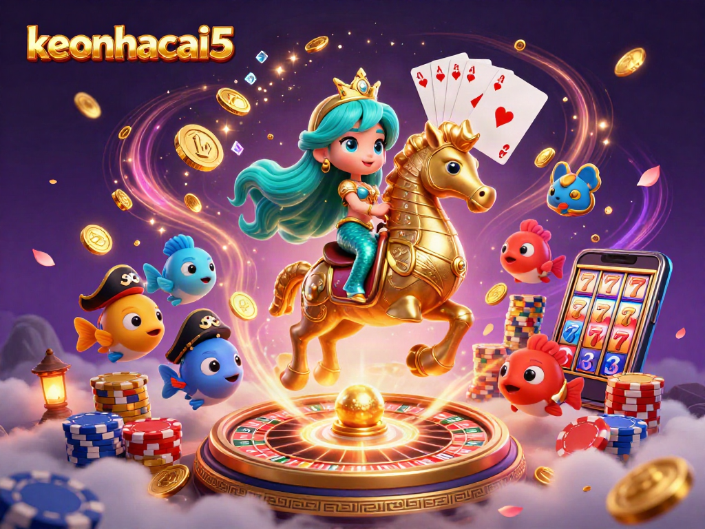 Engaging scene of keonhacai5 with a mermaid princess and giant seahorse amidst glittering casino elements.