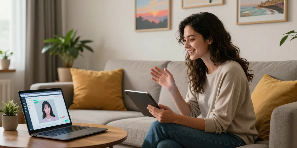 AI girlfriend interaction in a cozy living room, engaging on a tablet.