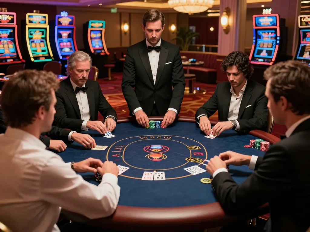 Players strategize at a high-stakes poker table in a vibrant casino, showcasing 9BET excitement.
