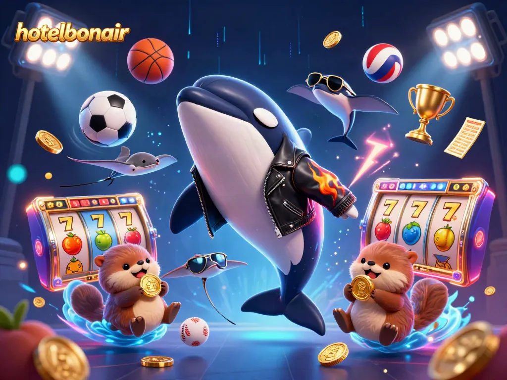 Engage with hotelbonair's exciting casino world through a vivid 3D scene featuring a jumping orca and playful sea otters.