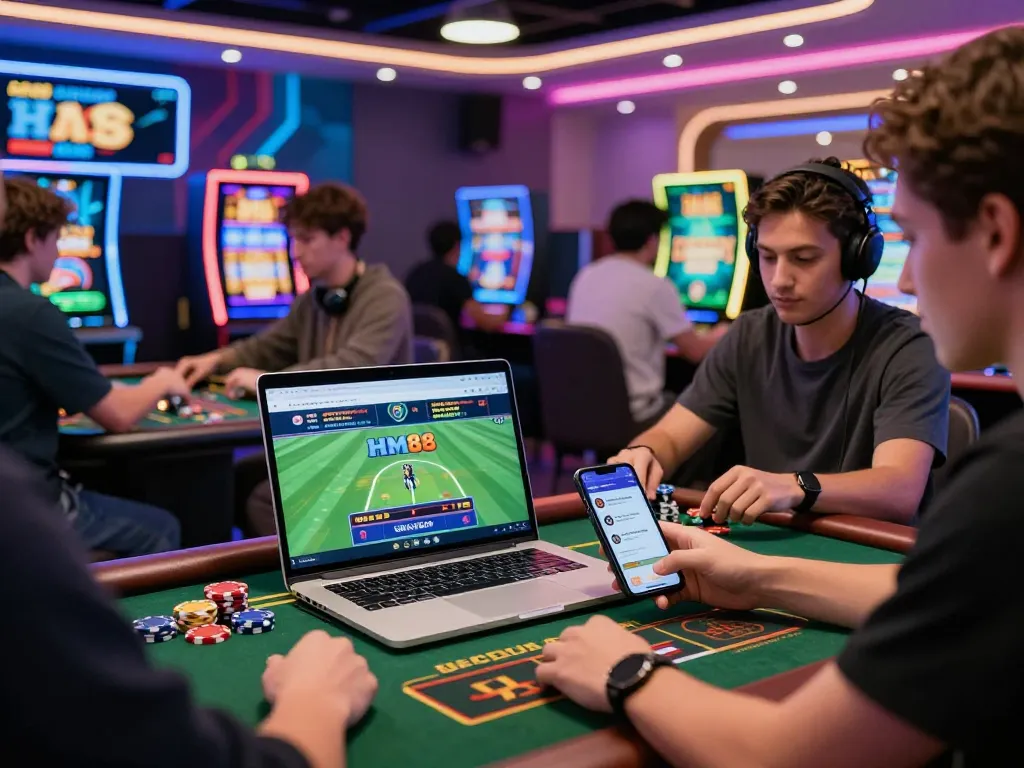 Exciting online gaming experience with HM88 logo, colorful chips, and players engaged in sports betting.