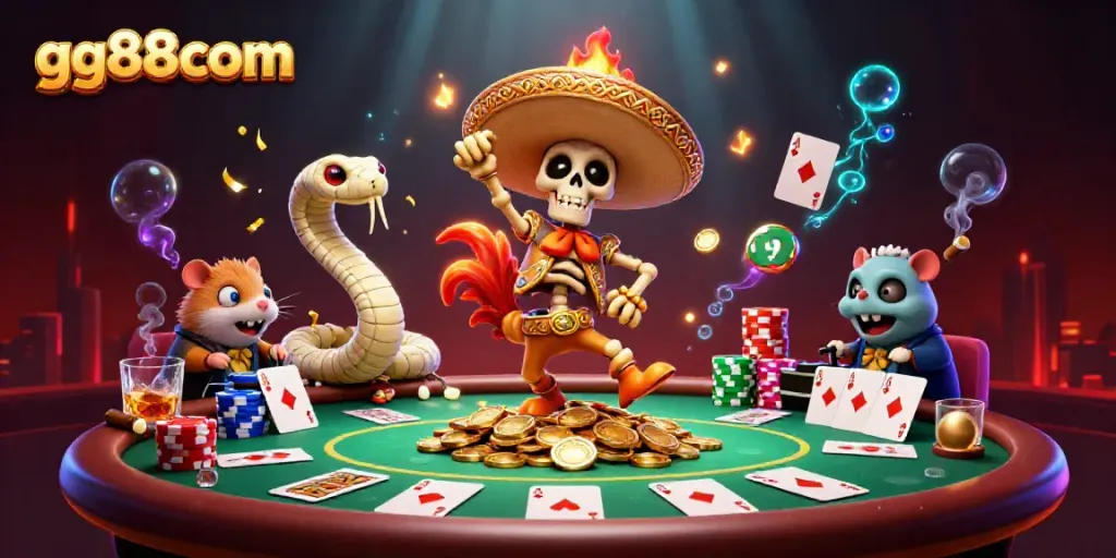 Experience the thrills of gg88com with vibrant casino characters celebrating rich rewards and poker glory.