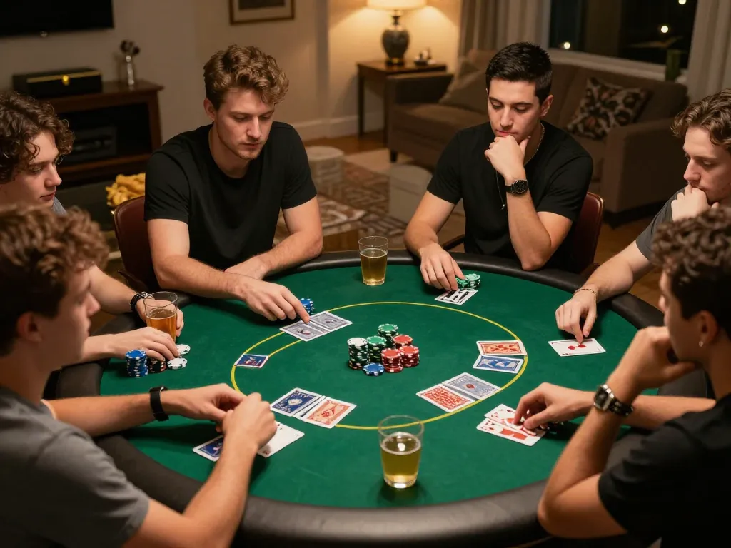 Engaged players enjoying a friendly poker game at kuwin1, showcasing strategy and camaraderie in a cozy setting.