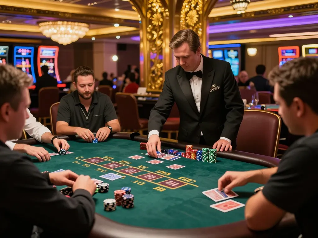 Engaging blackjack gameplay scene at one88 casino, showing players focused and chips stacked for strategic betting