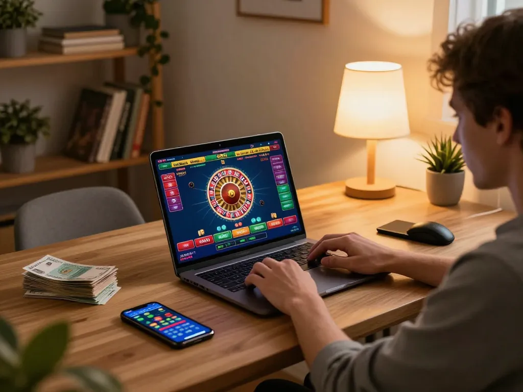 Engaging online gaming experience with fabet gaming interface on laptop at home, showcasing strategy and excitement.