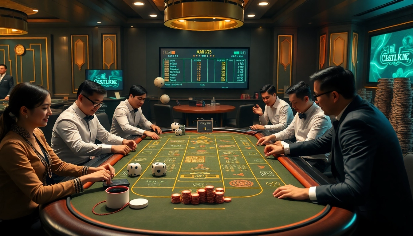 Players engaging in Tài xỉu MD5 at a luxurious casino table, showcasing excitement and strategy.