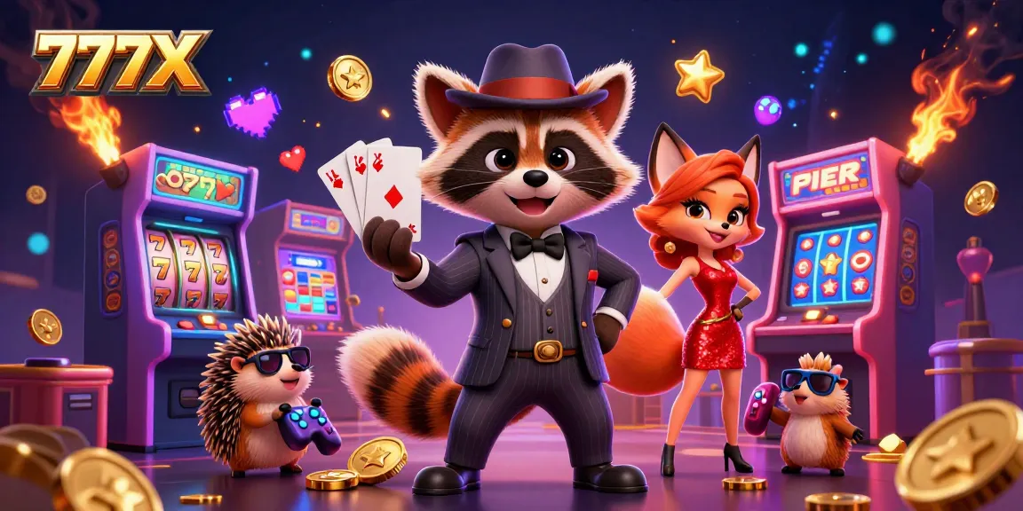 Experience exciting gameplay at 777X with a raccoon in a suit, holding winning cards amidst vibrant casino elements.
