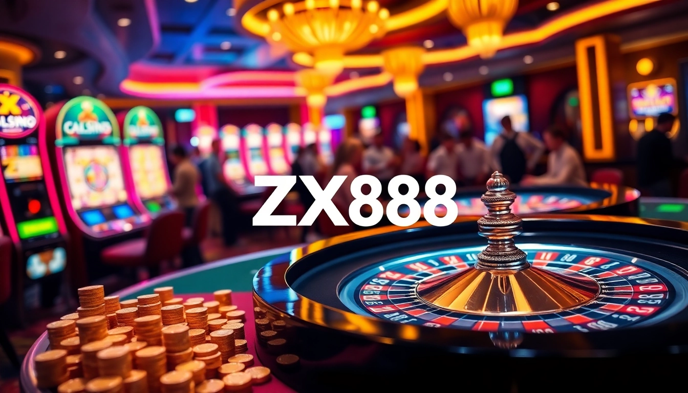 Experience the thrill of ZX88 at a luxurious casino with roulette, slot machines, and eager players.