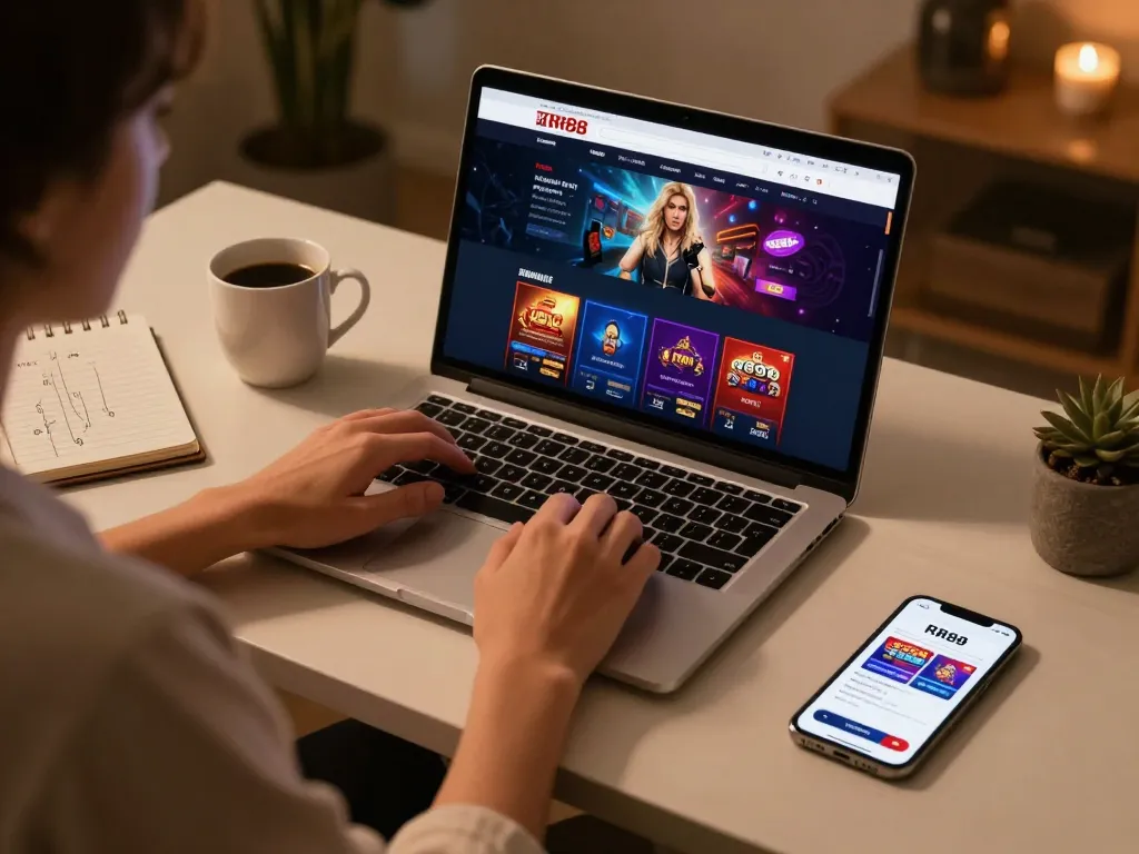 Engaging with RR88 online casino options on a stylish gaming setup, showcasing a comfortable home environment.