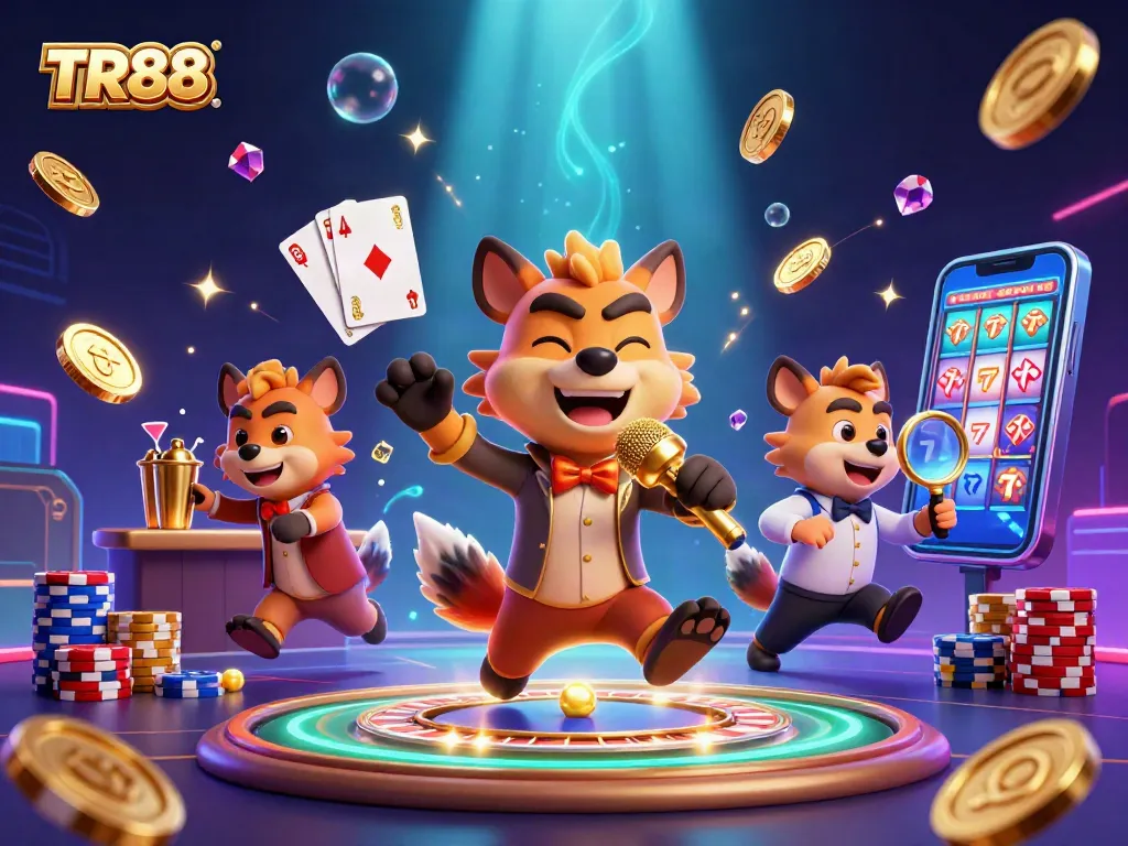 TR88 casino hyenas create a vibrant atmosphere with abundant golden coins and a lively roulette wheel.