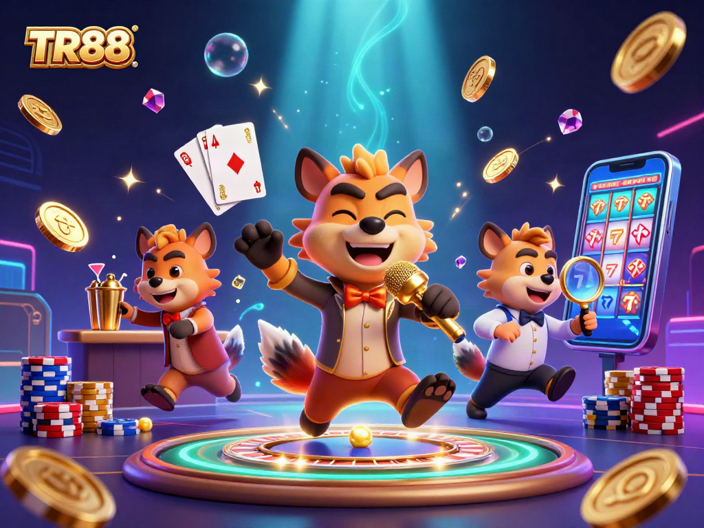 TR88 casino hyenas create a vibrant atmosphere with abundant golden coins and a lively roulette wheel.