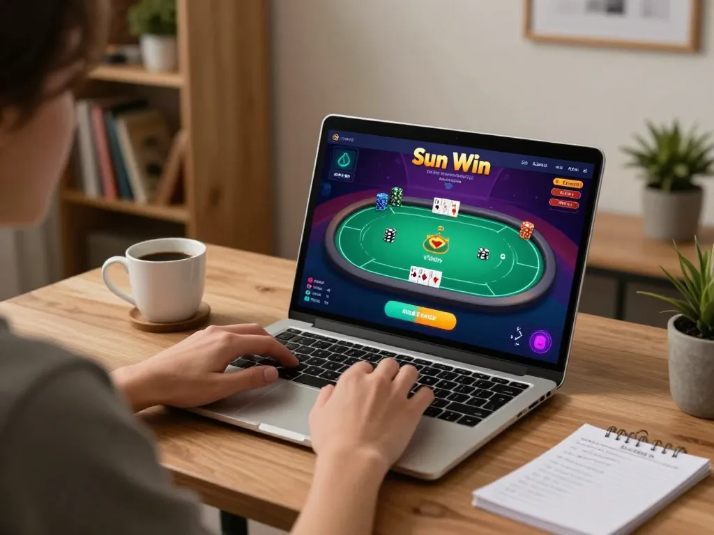 Tải Sun Win app on laptop for an engaging online poker game in a cozy home setting.
