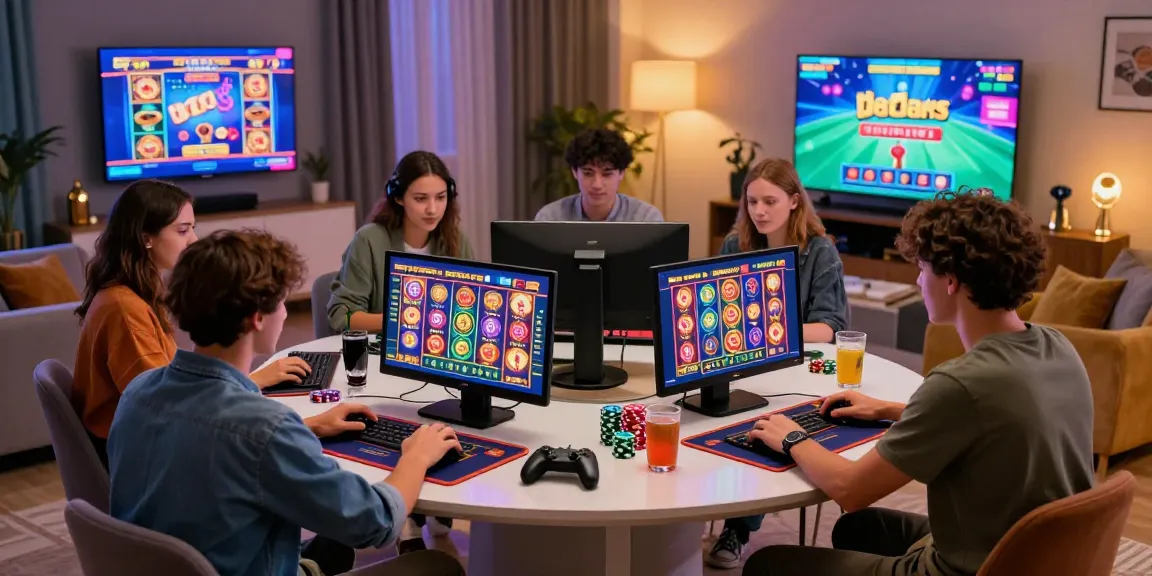 Group enjoying gaming at credit card casinos inspired by mvc.org.uk, showcasing lively atmosphere and modern gaming.