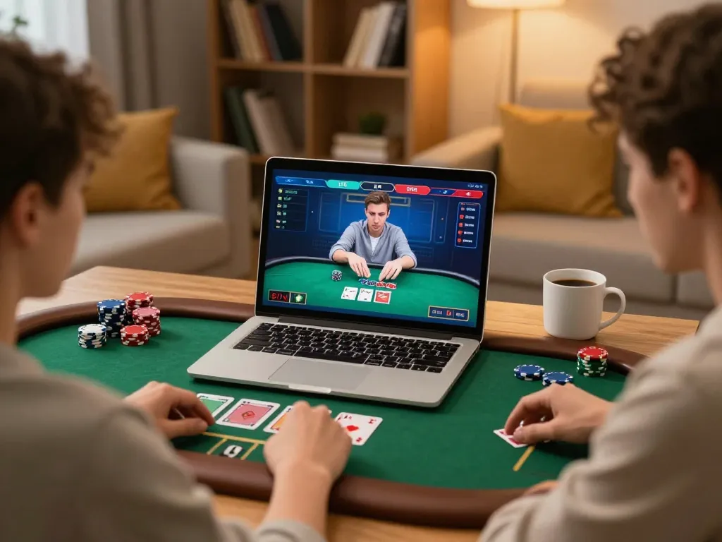 Players enjoying poker gameplay online with MB88, surrounded by a cozy home setup and strategy notes.