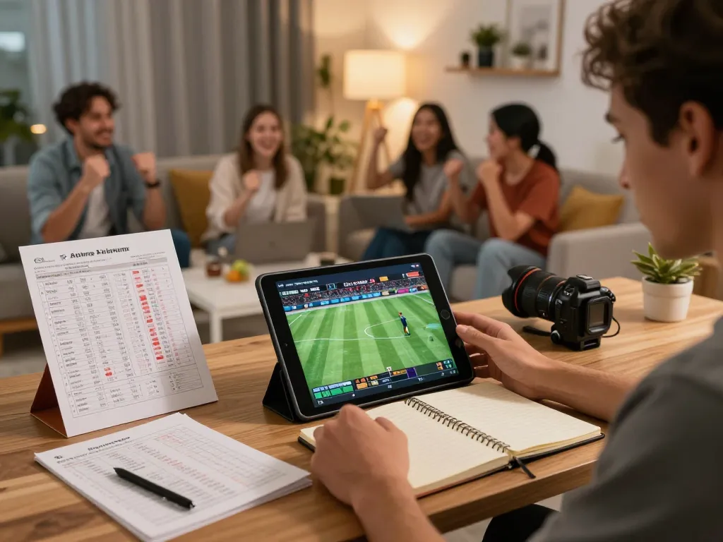 Person engaging in live sports betting on HDBET tablet, vibrant home gaming atmosphere