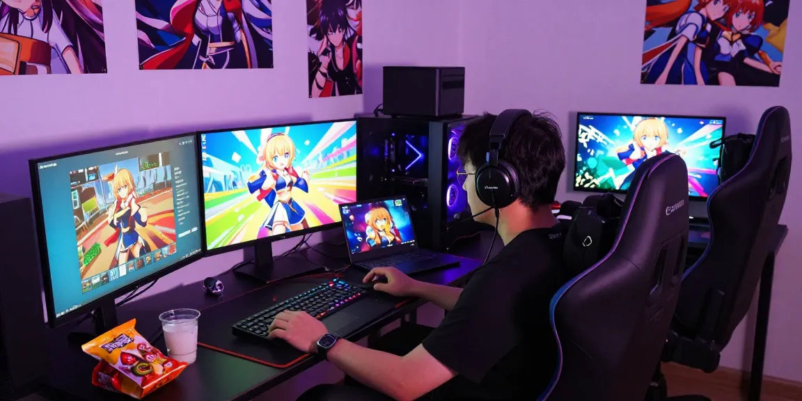 Explore ecchi games online with a gamer immersed in vibrant digital worlds, gaming setup and snacks.