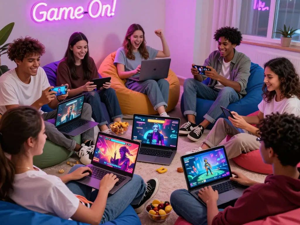 Engaged group playing interactive porn games on laptops and smartphones in a lively environment.