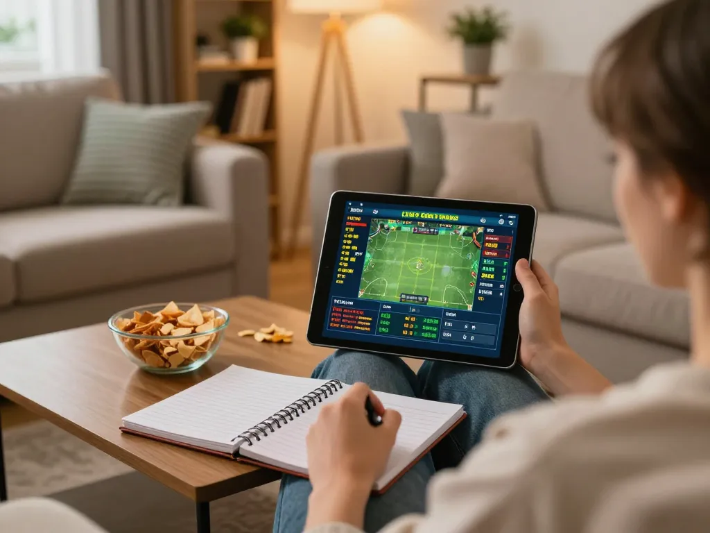 Engaging online sports betting session using a tablet for keo nha cai 5 in a cozy living room.