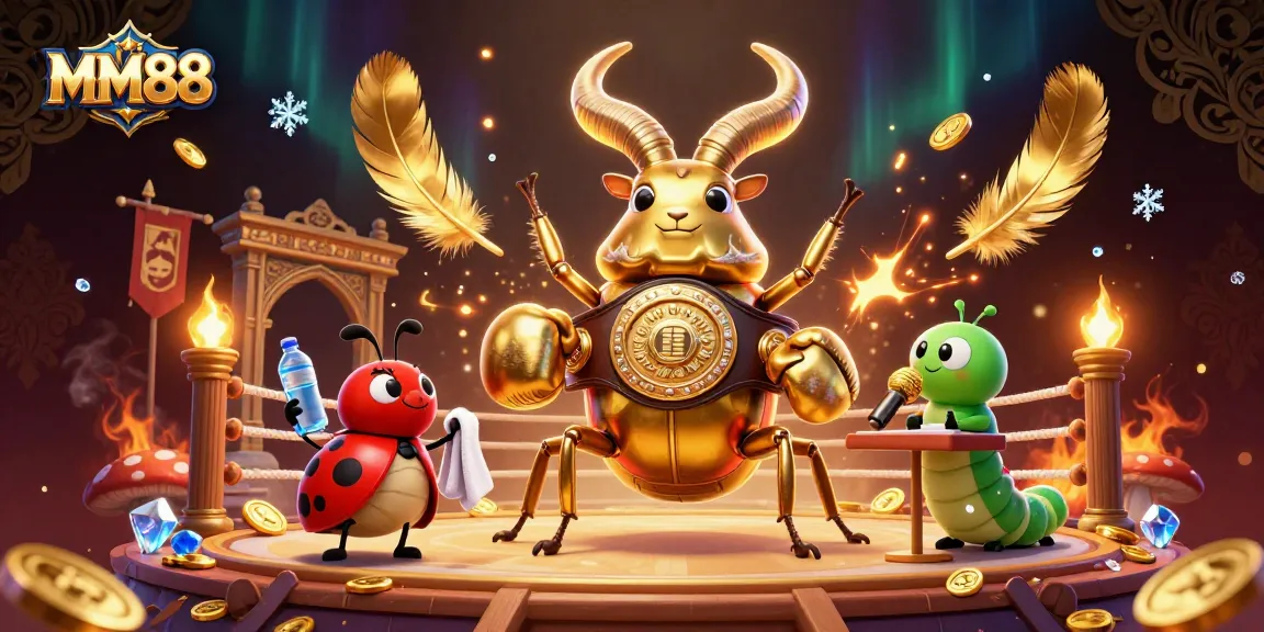 Engage in thrilling action with MM88 in a vibrant casino scene featuring a boxing stag beetle.