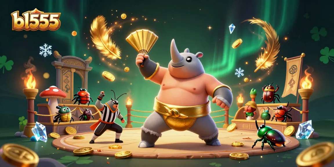 Engage with bl555 through stunning 3D cartoon illustration of a sumo champion beetle in a dynamic casino scene.