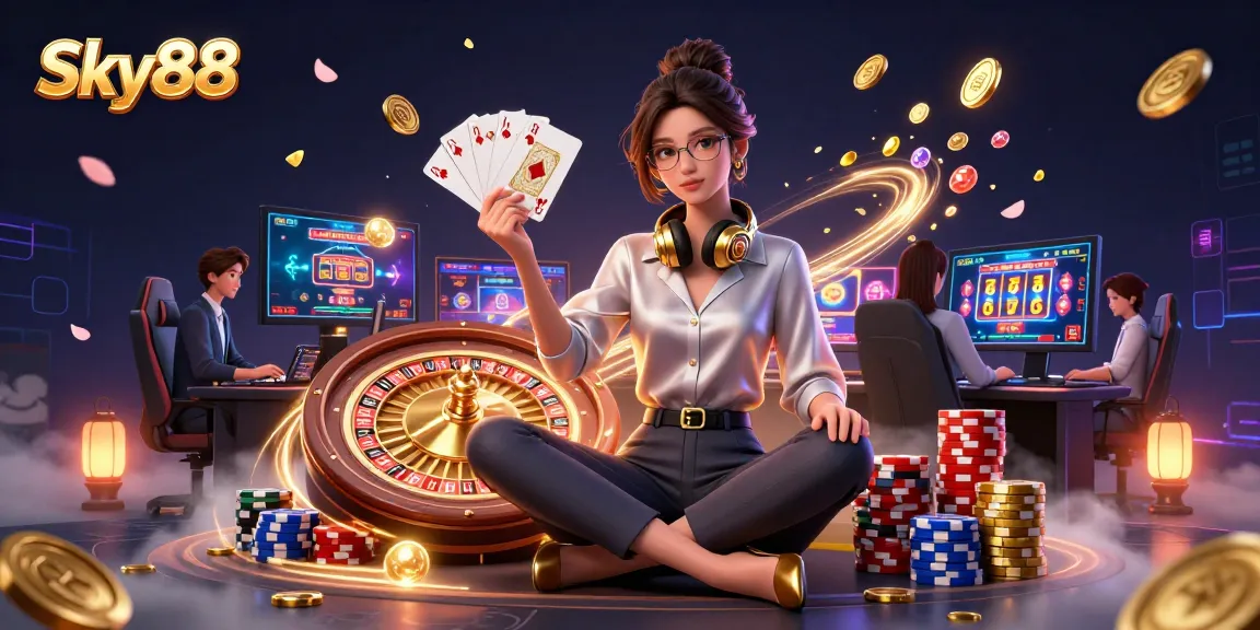 Engage with Sky88's exciting gaming experience featuring a professional gamer in a high-tech casino setting.