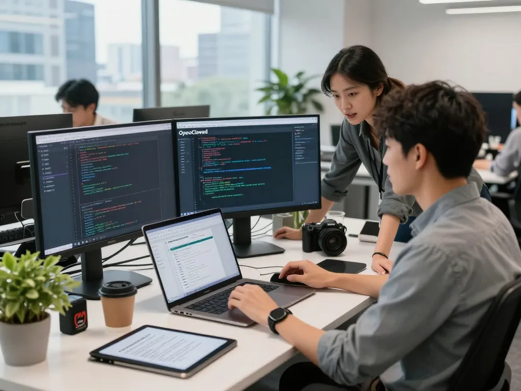 Developer collaborating on OpenClawd interface in a modern tech workspace.