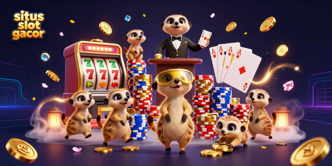 Winning at situs slot gacor with meerkats showcasing dynamic casino illustrations and vibrant game elements.