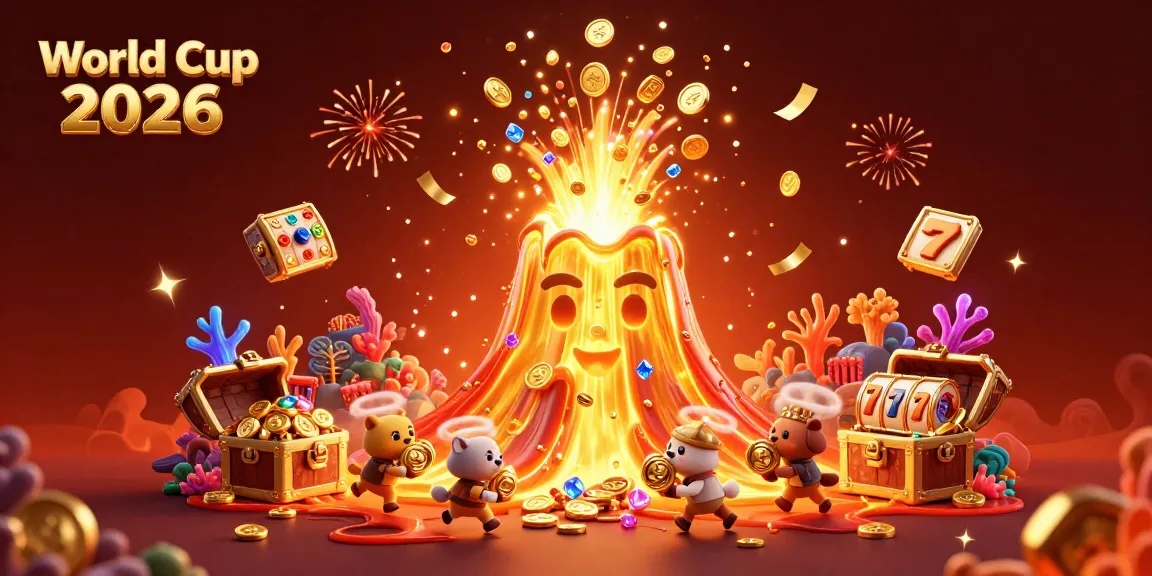 Experience the excitement of World Cup 2026 with a golden volcano erupting treasure in a lively casino-themed scene.