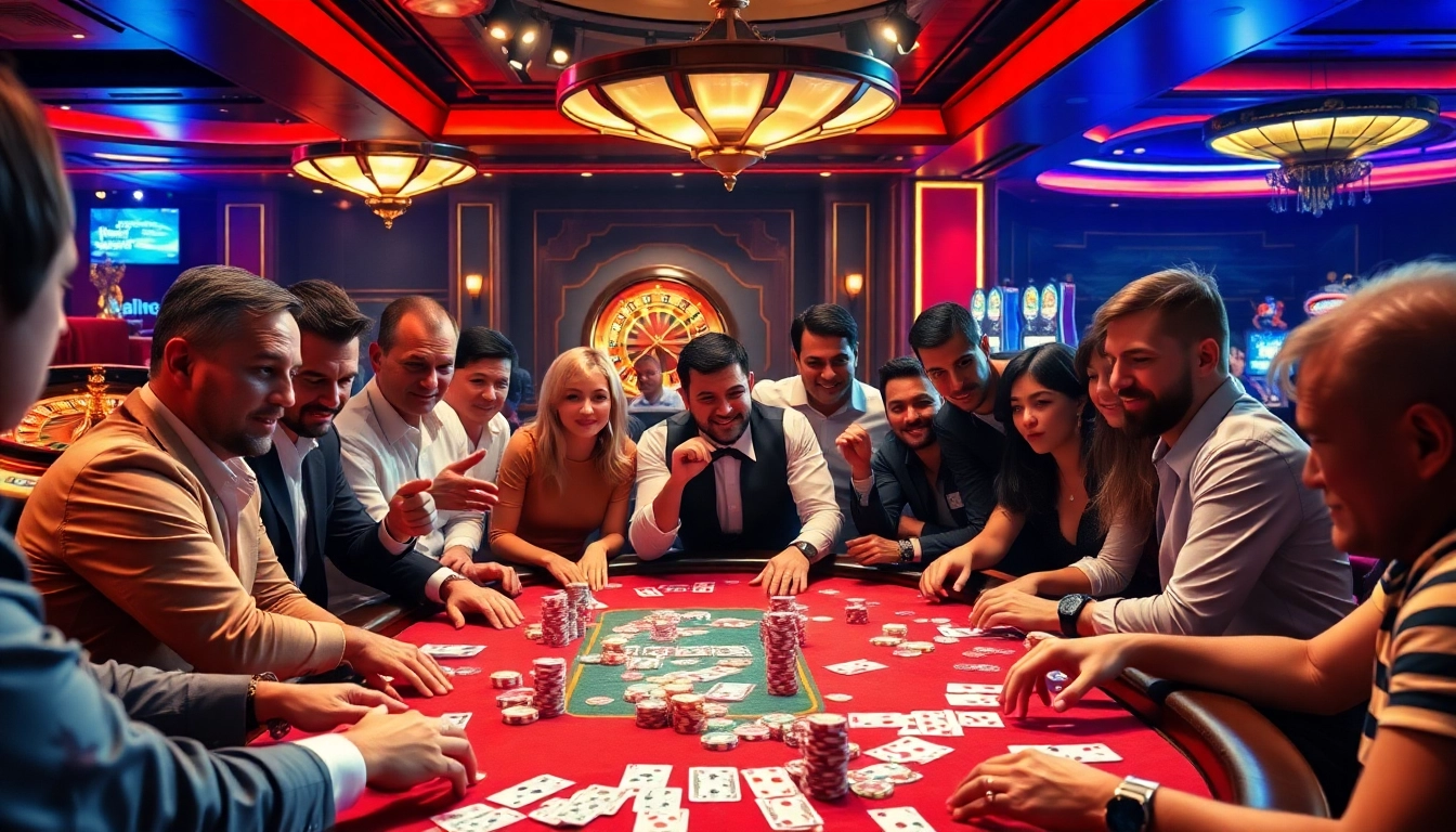 Nohu casino players strategizing at a luxurious poker table with vibrant chips and cards.