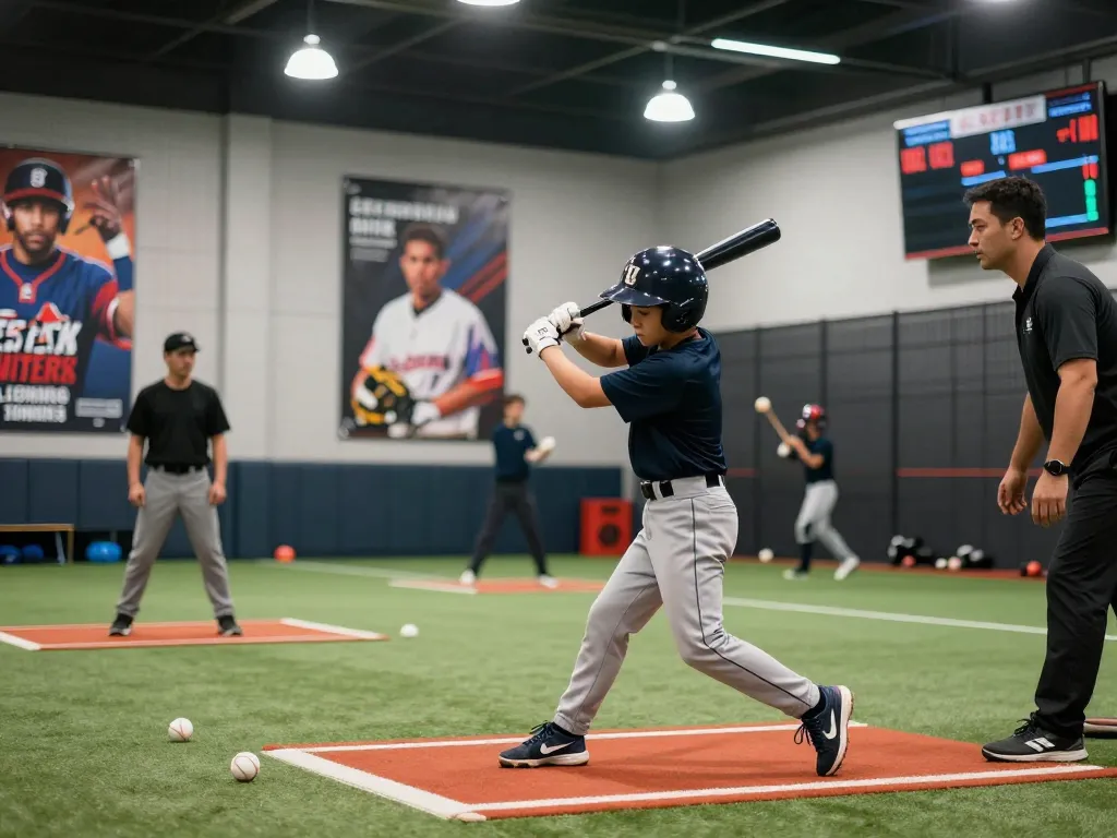 hitclub baseball training scene with young athlete practicing swings under bright lights