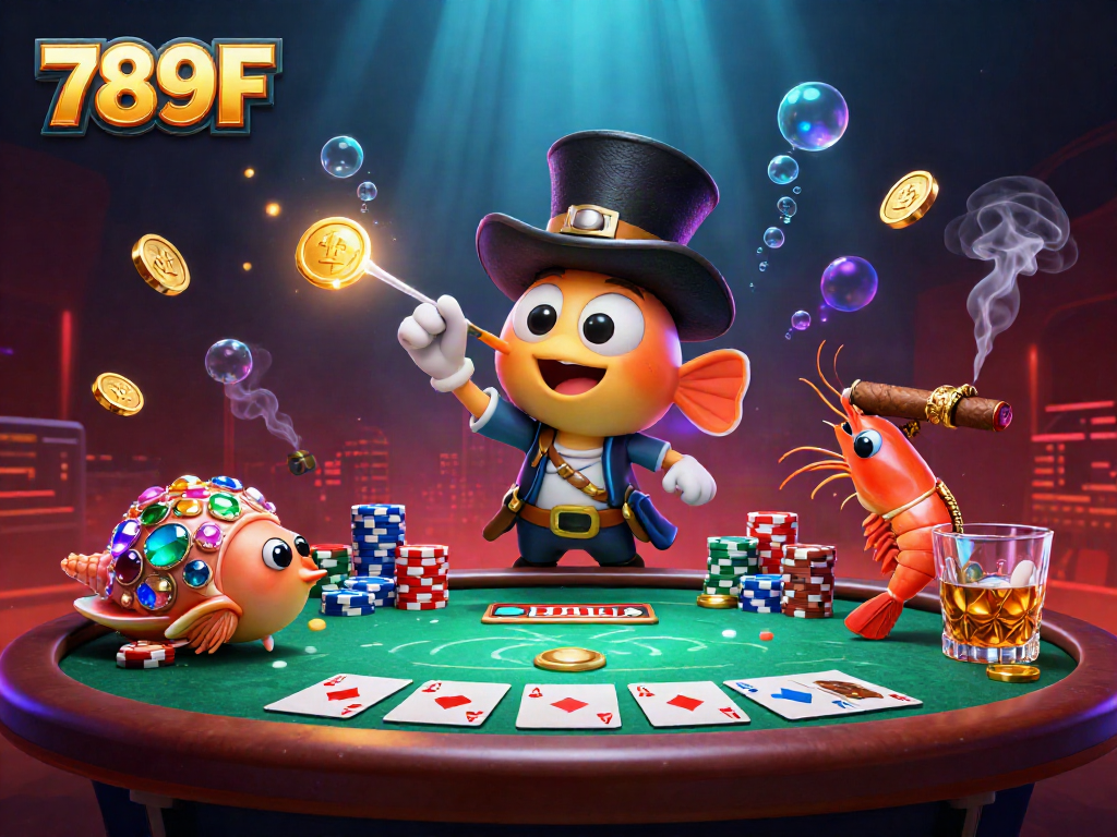 Engage with 789F through a captivating scene depicting a deep-sea anglerfish, pirate shrimp, and gem snail amidst dynamic poker elements.