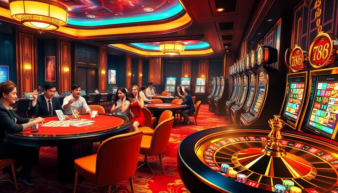 Engaging scene of online gambling at Nhà Cái QQ88 featuring tables, dice, and slot machines.