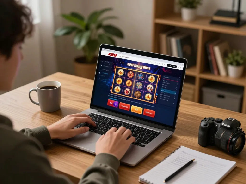 x88 trang chủ accessed via a stylish home setup with person enjoying online casino games and strategic notes