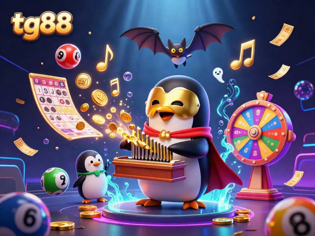 Engage with tg88 as the penguin plays an organ, scattering coins and lottery balls.