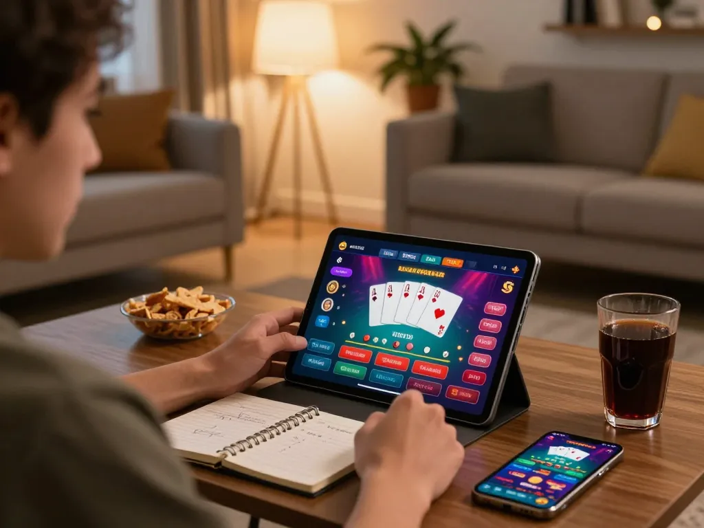Player engaging with the alc88 casino app on a tablet, enjoying a cozy gaming atmosphere at home.