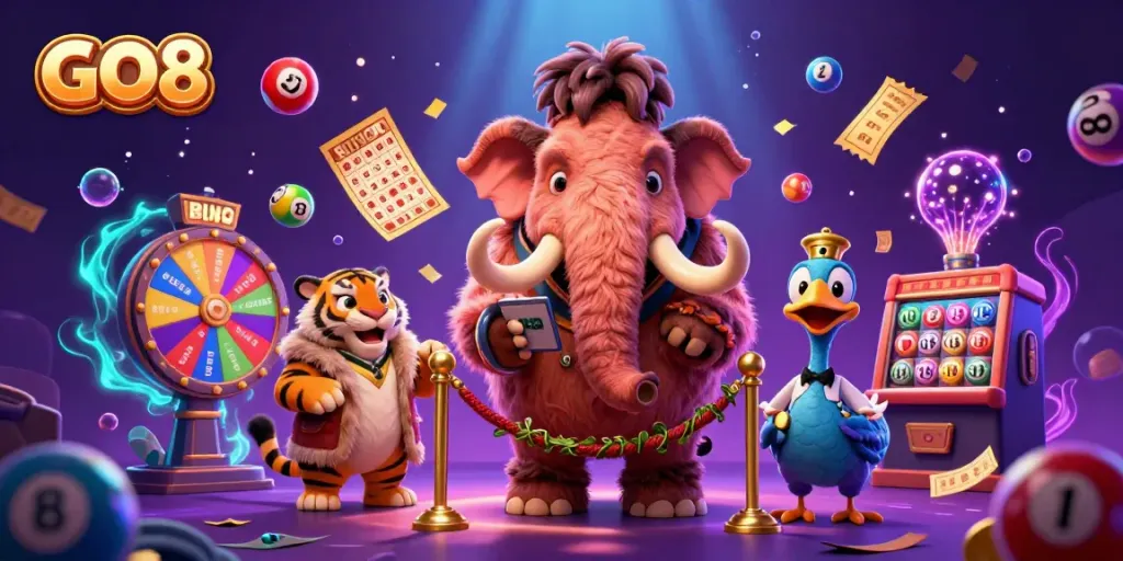 Engage with GO8's thrilling gaming experience as illustrated by unique characters and dynamic casino elements.