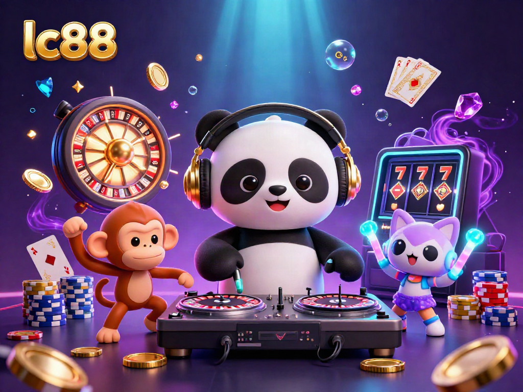 Engaging and vibrant illustration showcasing lc88 with a DJ panda and lively casino elements.