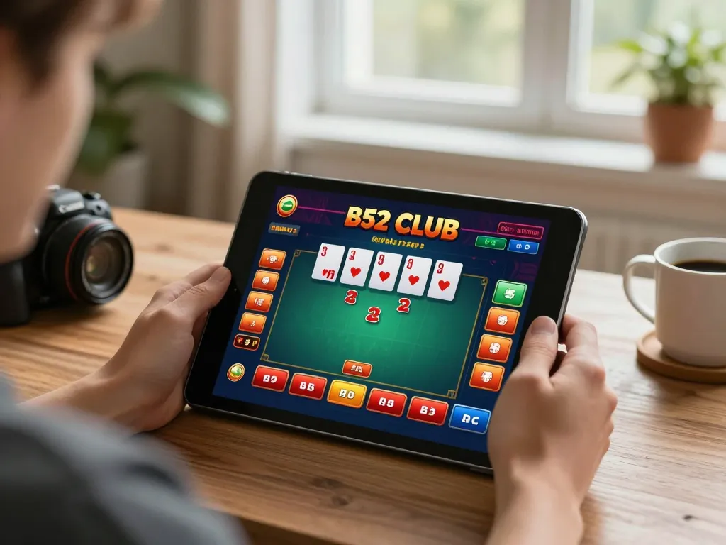 B52 Club gaming app displayed on tablet, showcasing a dynamic poker hand in action.