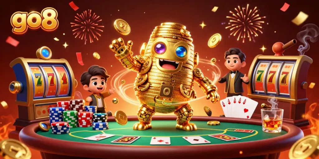 Experience thrilling gaming at go8 with a dynamic golden golem and vibrant casino elements.